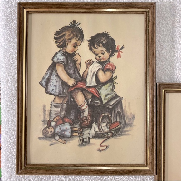 Vintage Framed Art Prints Set Kids Playing Boy With Kitten - Picture 2 of 10